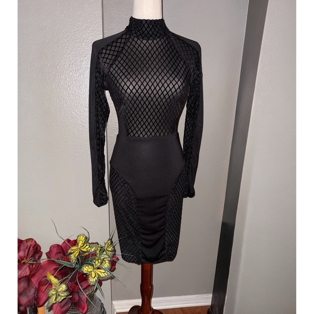 House Of CB London Black Bodycon Dress Sz S Mock‎ Neck Long Sleeve Goth Bandage